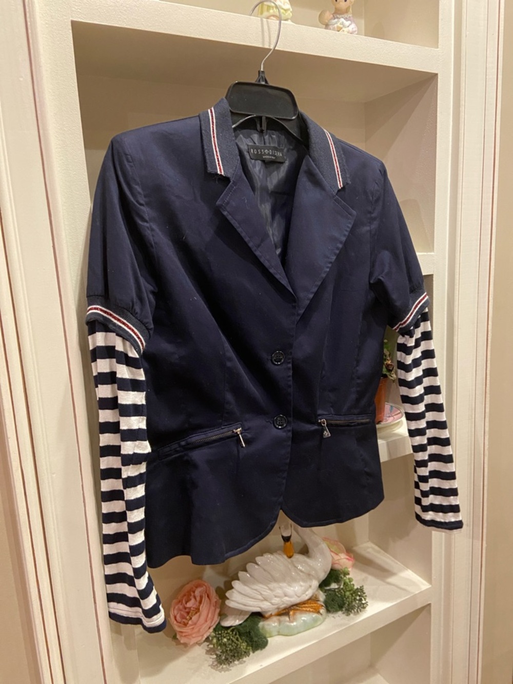 Vintage Ross disera Navy Blazer with Striped Sleeve Detail size 44 made in Italy